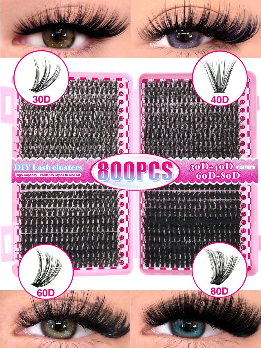 800 piezas Racimos de pestañas individuales de alta capacidad 30D+40D+60D+80D 9-16 mm Racimos de pestañas DIY Extra Gruesos y Naturales, Densos, Ultra Suaves y Súper Ligeros Postizos Individuales Segmentados Extensión de Pestañas Kit para Uso Propio en el Hogar o Fuera de Casa para Vida Diaria, Boda, Citas, Fiestas, Festivales de Música y Halloween