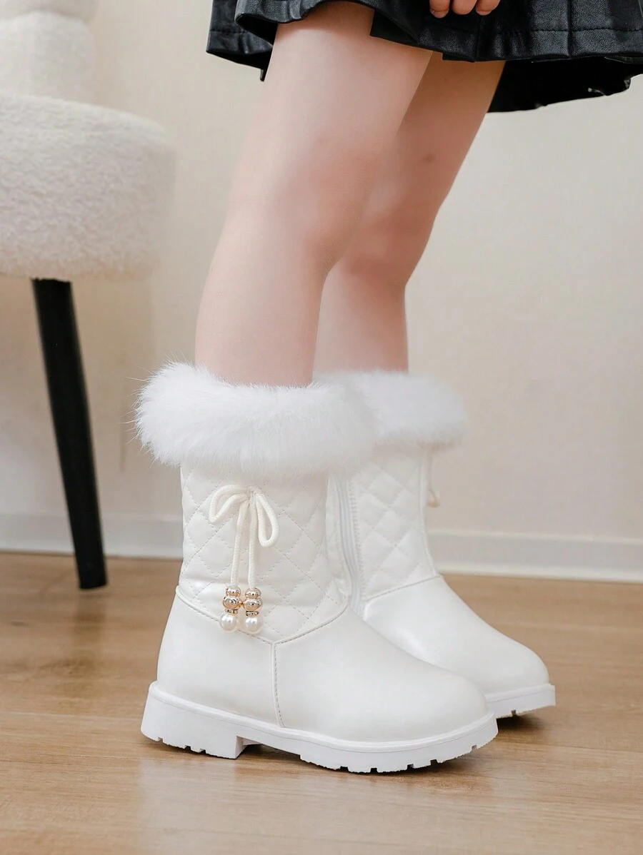 Stivali da neve per bambine in inverno, nuovi stivali da neve semplici con fiocco per bambine e bambine piccole, stivali da principessa midi per uso all'aperto con fodera e imbottitura per il calore