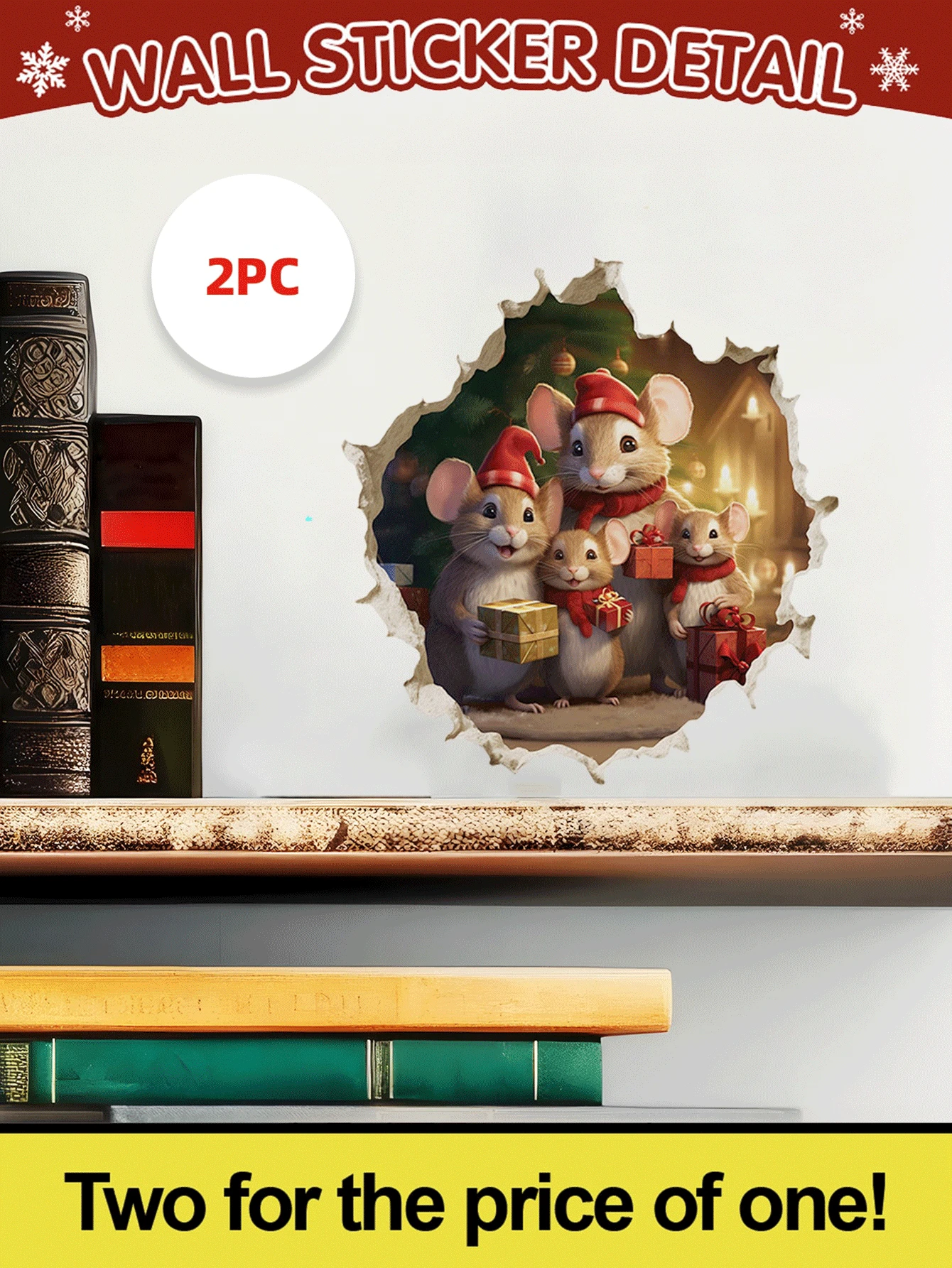 2 pièces Sticker mural de Noël souris avec cadeaux, autocollant mural PVC imperméable, autocollants adhésifs pour décoration de maison pour salon, chambre à coucher, salle de classe, salle de bain, décoration de vacances saisonnière