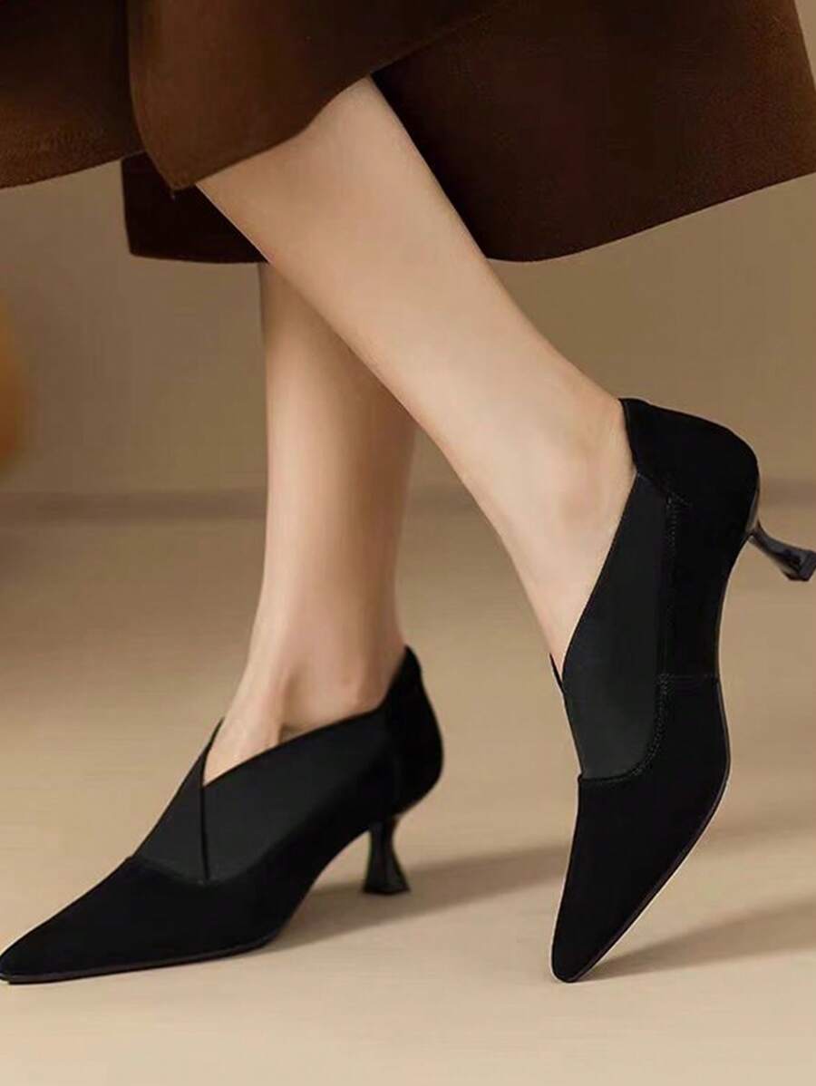 Women's Black Pointed Toe High Heel Pumps, French Pointed Design Versatile High Heels, New Fashion Elegant V-Cut Stilettos