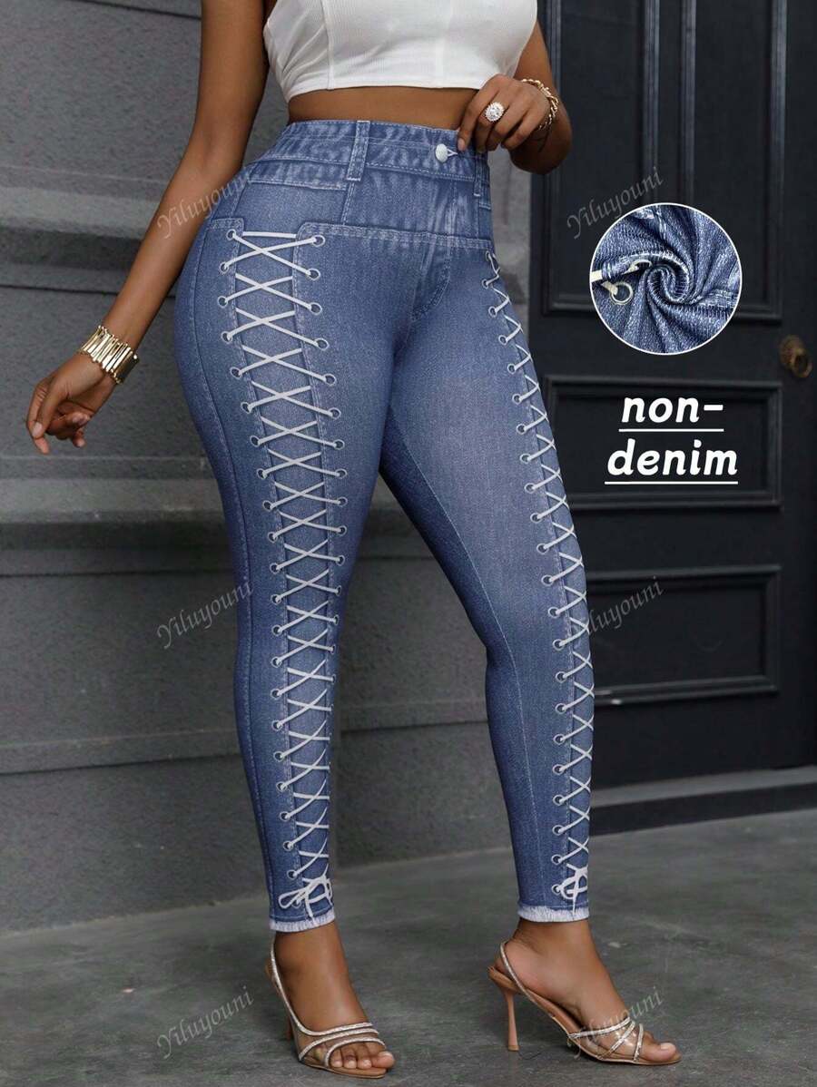 Plus Size Jeggings Printed Drawstring Pattern Fashion Casual Stretchy Leggings Pants For Women, Long