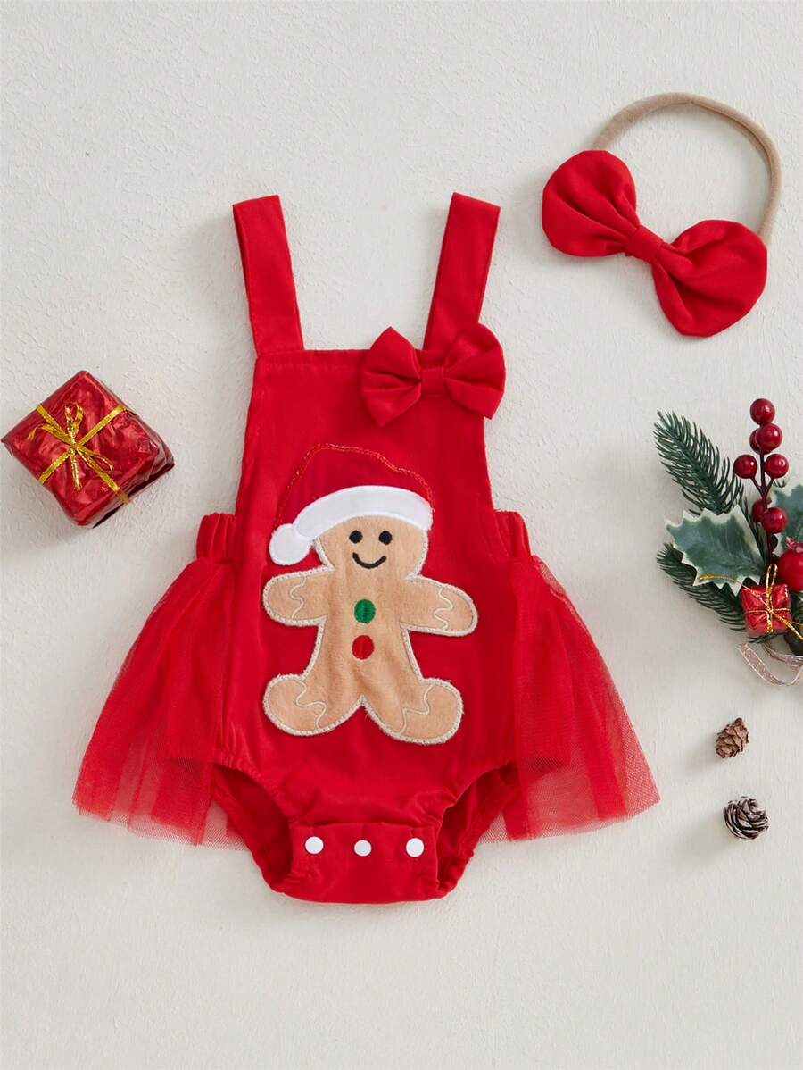2Pcs Baby Girls Christmas Casual Romper Sleeveless Santa Claus Embroidery Romper With Headband Clothes Sets