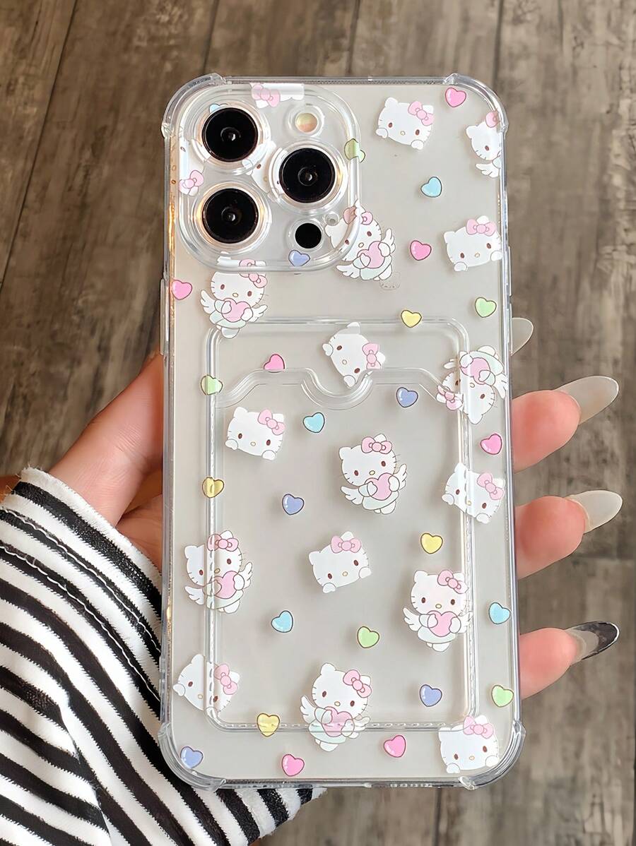 Funda para teléfono con diseño de corazón que sostiene una manzana y patrón de gato K T, con protección antichoque compatible con iPhone