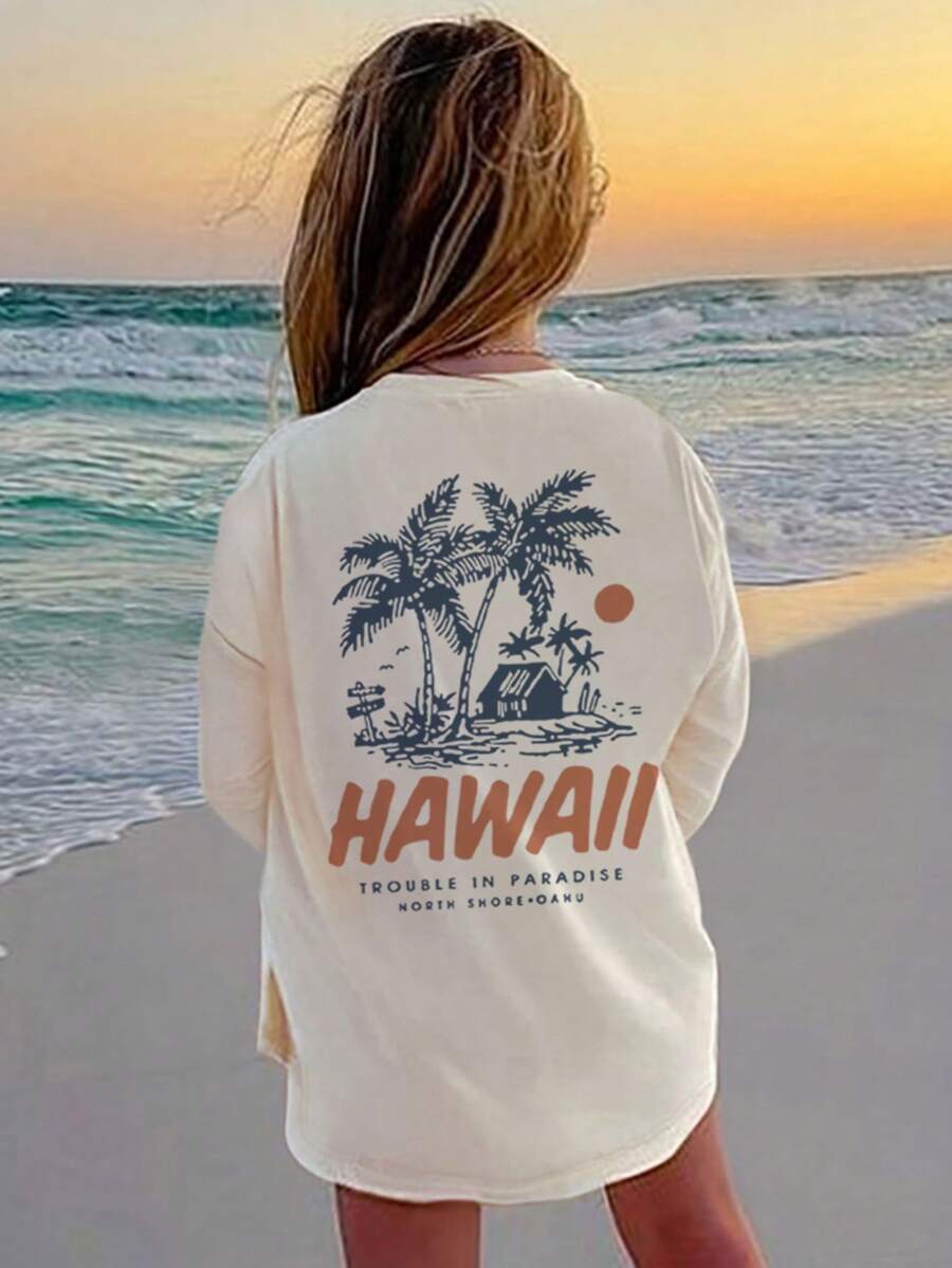 1st Tween Girl Casual Printed Crew Neck Long Sleeve T-shirt, Geschikt Voor Studenten En Jonge Dames In De Herfst En Winter