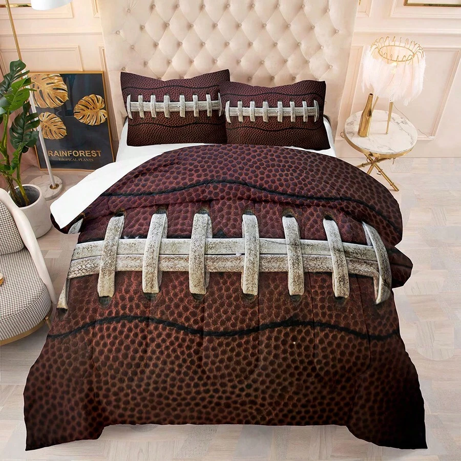 Sports Football Comforter Set Full Size For Boys,Brown Rugby Theme Bedding Set Twin/Full/Queen Size
