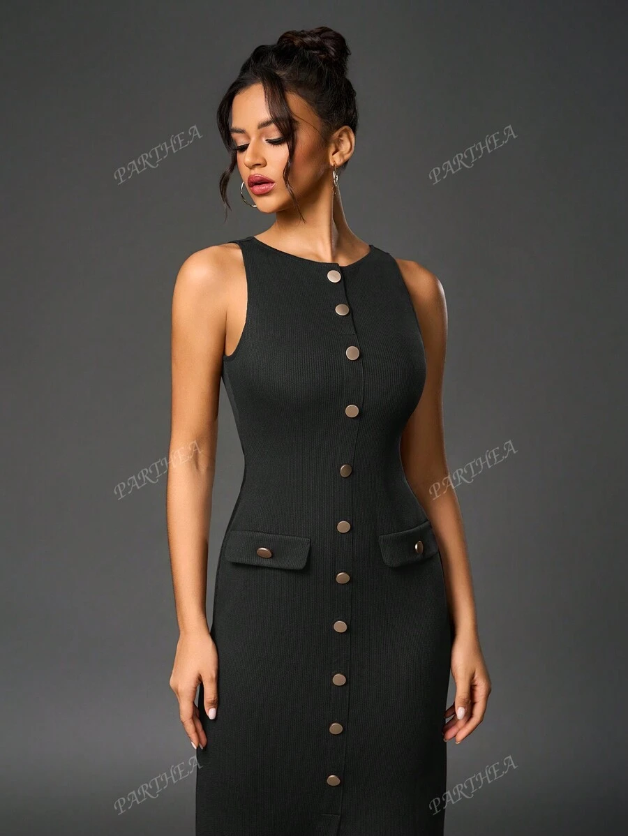 PARTHEA Vestido largo ajustado de cuello redondo sin mangas con cartera con botones