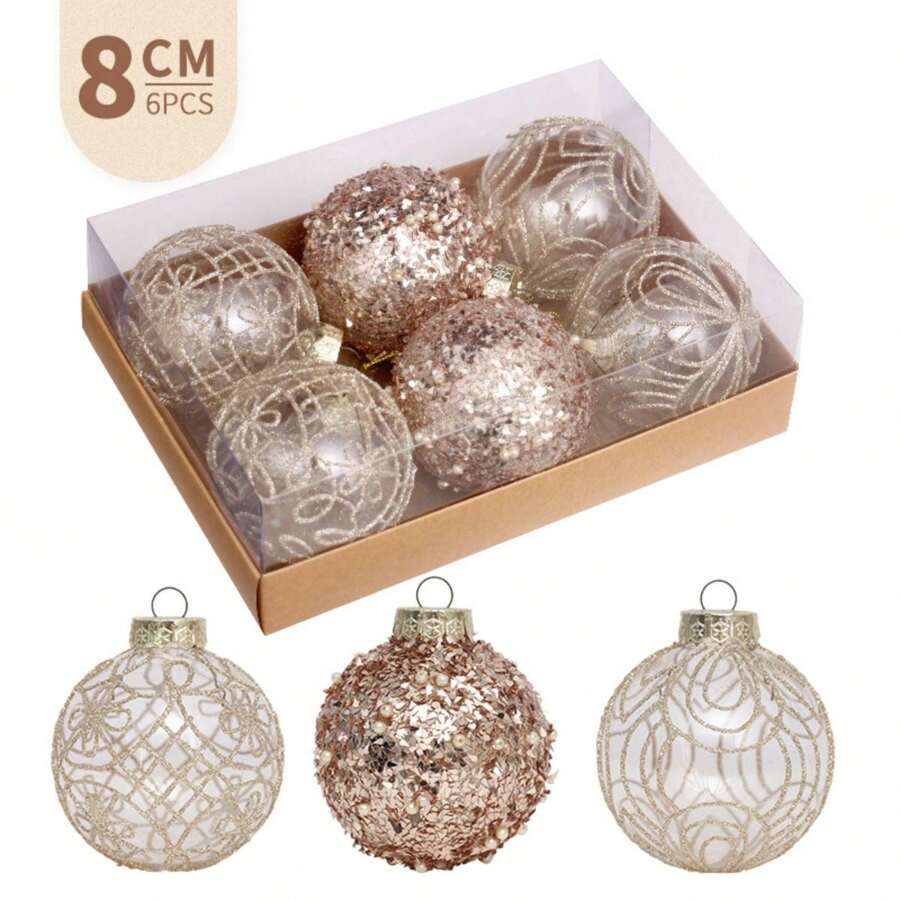 6pcs/Box, 8cm Diameter Transparent Painted Christmas Ornament Balls, Christmas Decorations, Christmas Tree Pendants, Holiday Party Decor, Hanging Ornaments, Costume Accessories Best Gifts Birthday