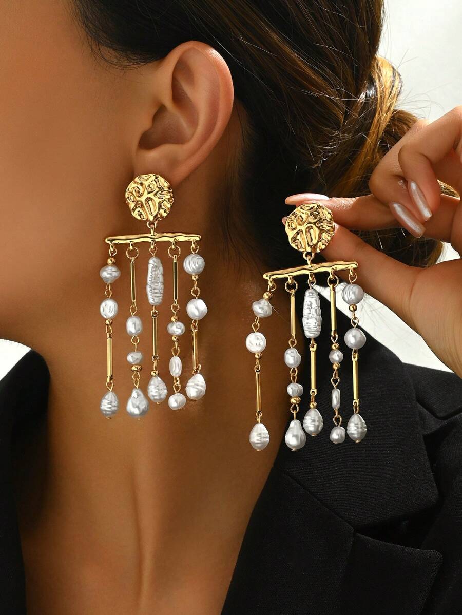 1 par de aretes geométricos personalizados creativos con borlas y perlas para otoño e invierno
