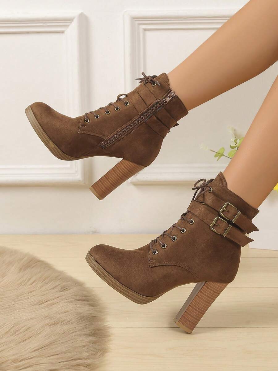 Women Plain Chunky Heel Boots, Fashion Lace-Up Side Zip Ankle Boots, Autumn/Winter High Heel Short Boots, Walking Boots
