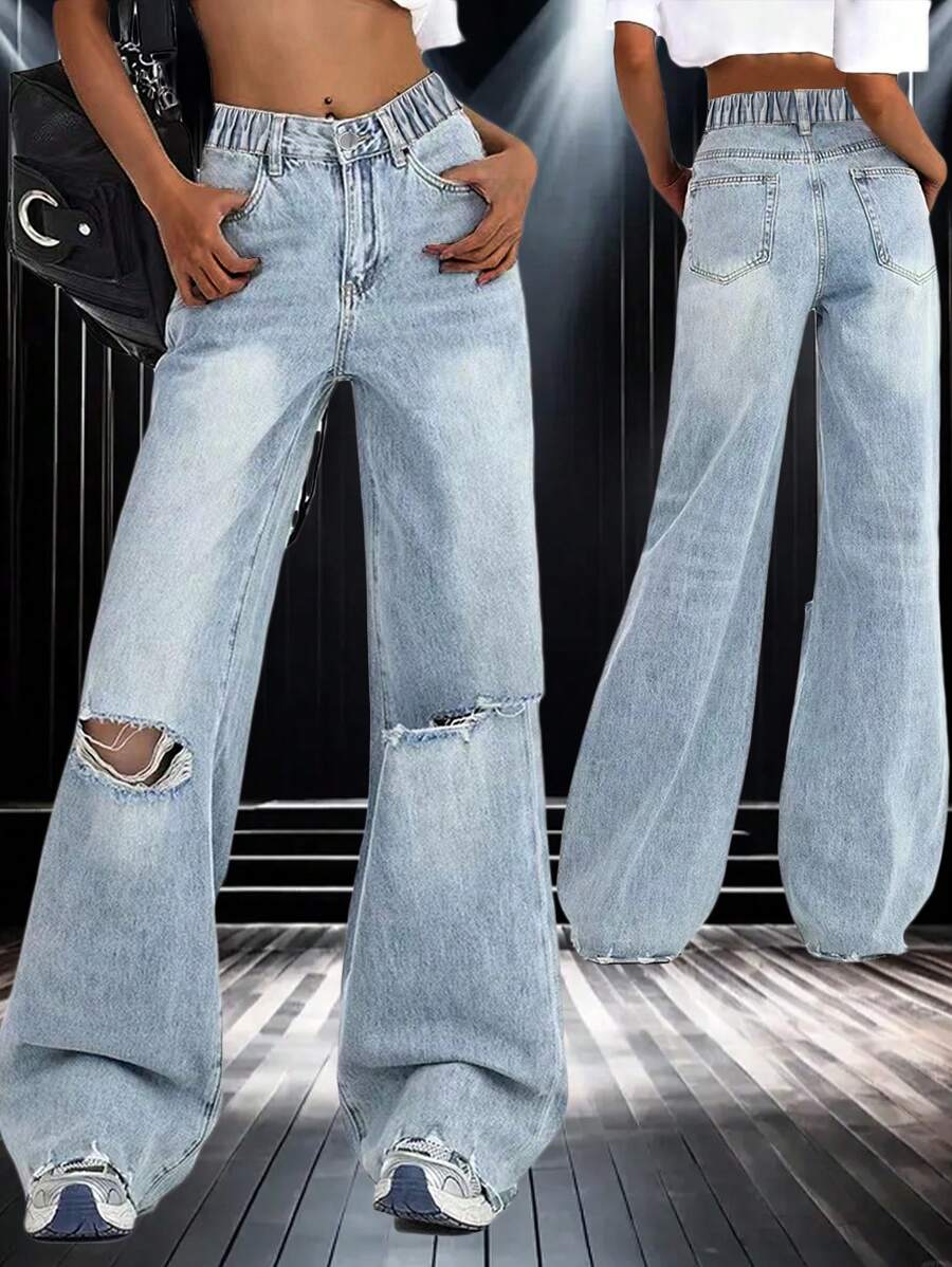 Teen Girl Loose Fit Distressed Wide Leg Jeans, Casual &