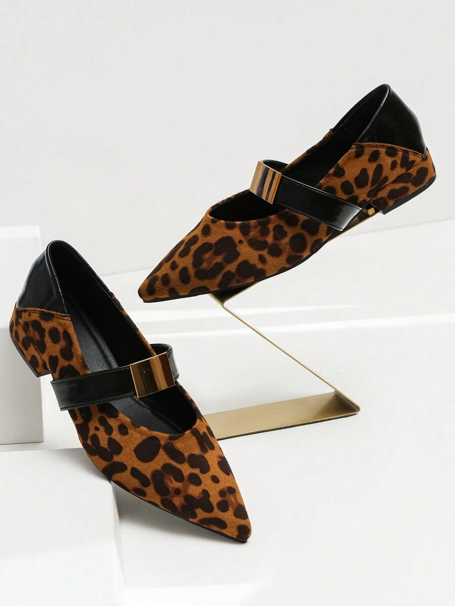 New French Pointed Toe Single Strap Leopard Pattern Velvet Slip-On Casual Flat Shoes For Women