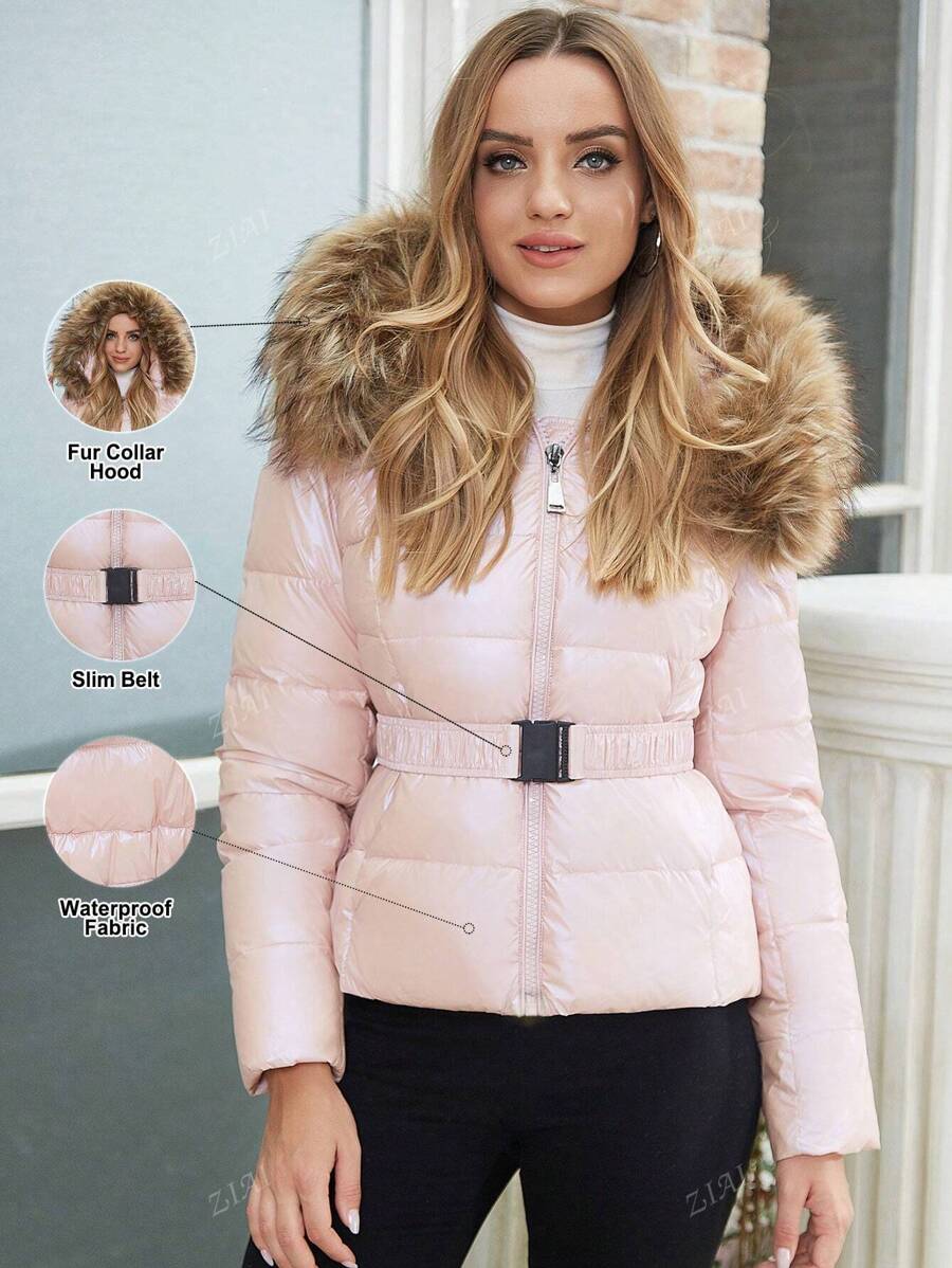ZIAI Chaqueta casual de mujer con cintura ajustable, cuello de piel corto y para invierno