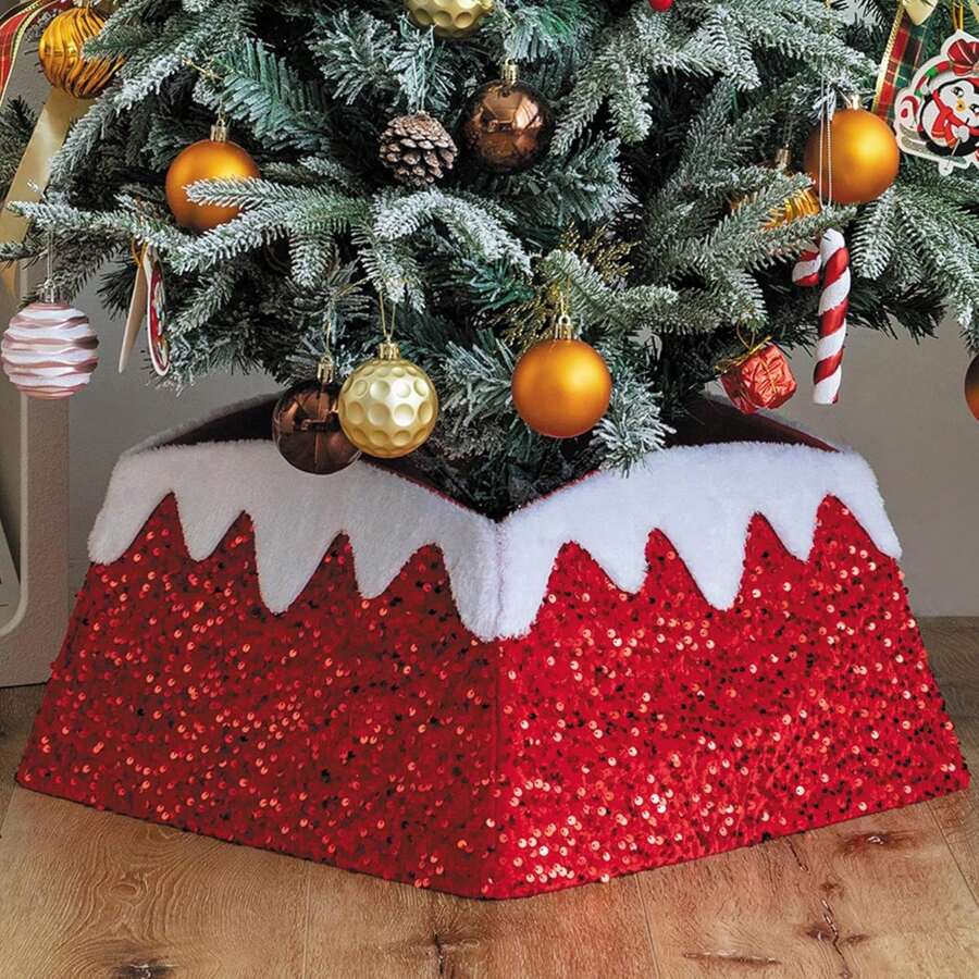 Christmas Tree Collar, 24 Inch Xmas Tree Ring Fabric Square Skirt For Artificial Trees, Snow Cover And Sequin Christmastree Box Collar,Holiday Christmas Home Decor For Decorations
