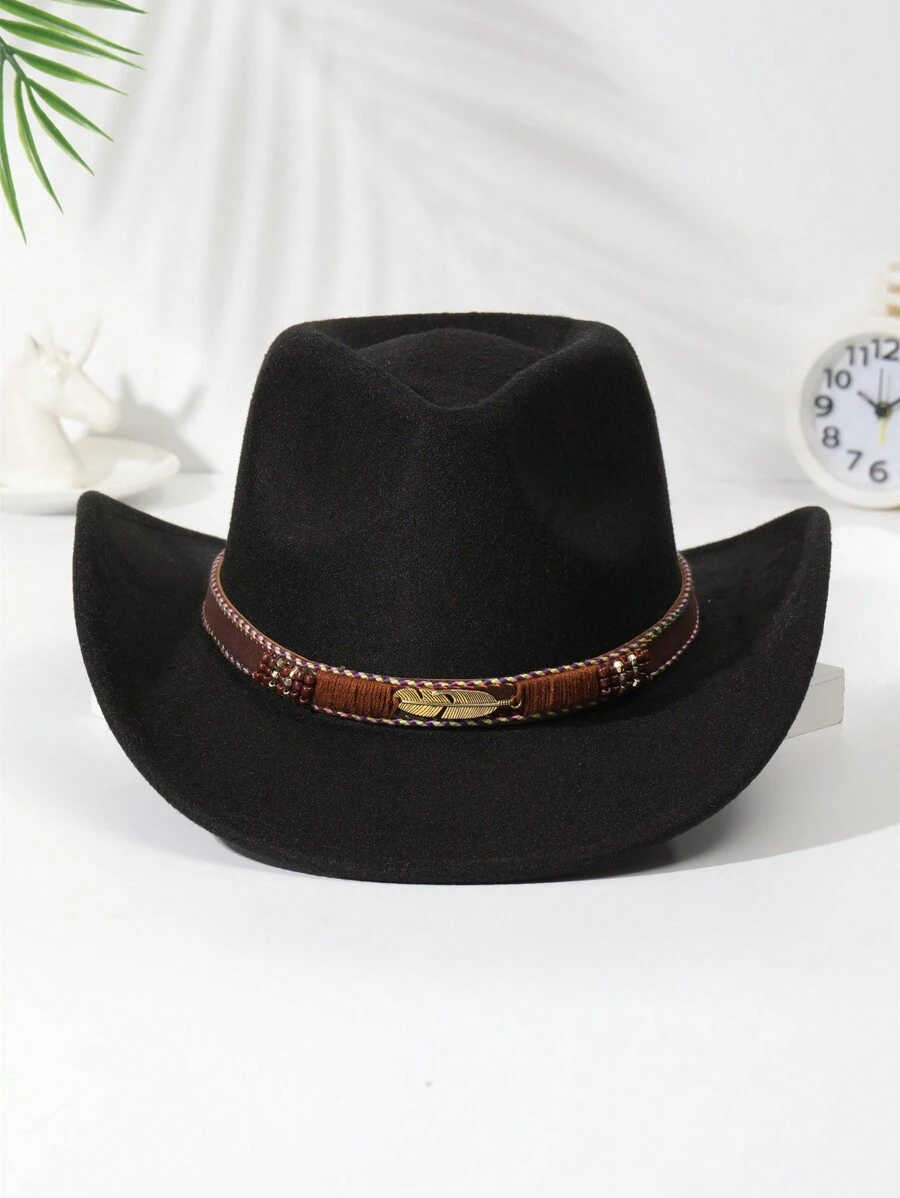 1pc Unisex Metal Leaf Leaves Decor Boho Cowgirl Hat Cowboy Hat Wide Brim Jazz Panama Hat Soft Felt Hat Fedora Hat Western Suitable For Daily Use