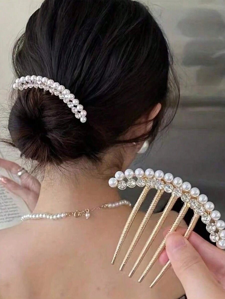 2pcs/1pc Ladies' Alloy Faux Pearl Hair Clip Comb, Rhinestone Edge Comb, Elegant Daily Hair Accessories, Bridal Hair Accessories, Hairpin Clip, Antique Style Combs For Hair Side Comb
