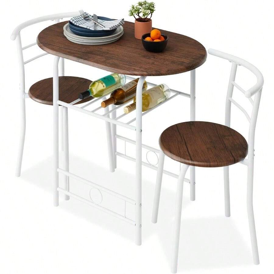3-Piece Wooden Round Table & Chair Set For Kitchen, Dining Room, Compact Space W/Steel Frame, Built-In Wine Rack