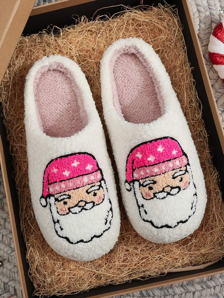 New Cross-Border Cute Christmas Deer, Gingerbread Man, Santa Claus, Christmas Tree, Candy Cane, Candy Print & Embroidery Thicken Thermal Lined Couple House Slippers, Anti-Slip, Warm , Indoor Slippers