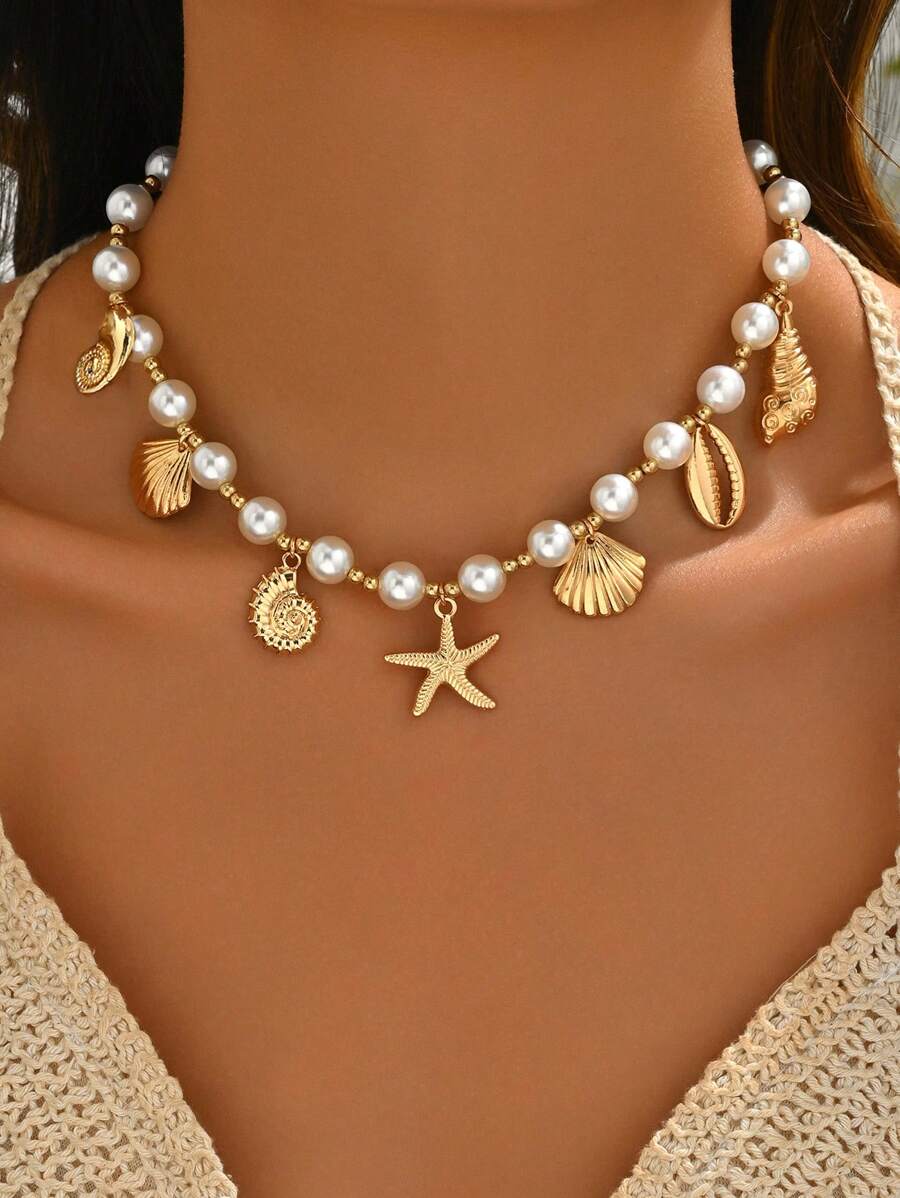 1pc Ocean Style Faux Pearl Beaded Pendant Necklace, Fashionable Women Necklace Suitable For Daily Wear, Beach Vacation And Photo Shoot