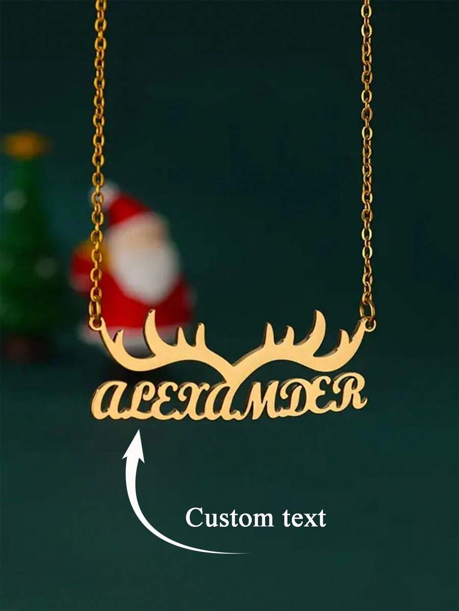 Personalized Name Antler Pendant Necklace For Women Men Classic Christmas Gift Customized Nameplate Pendant Necklace Choker In Silver Gold Color Stainless Steel Jewelry Accessories Christmas Gift Is A Thanksgiving Gift For Her