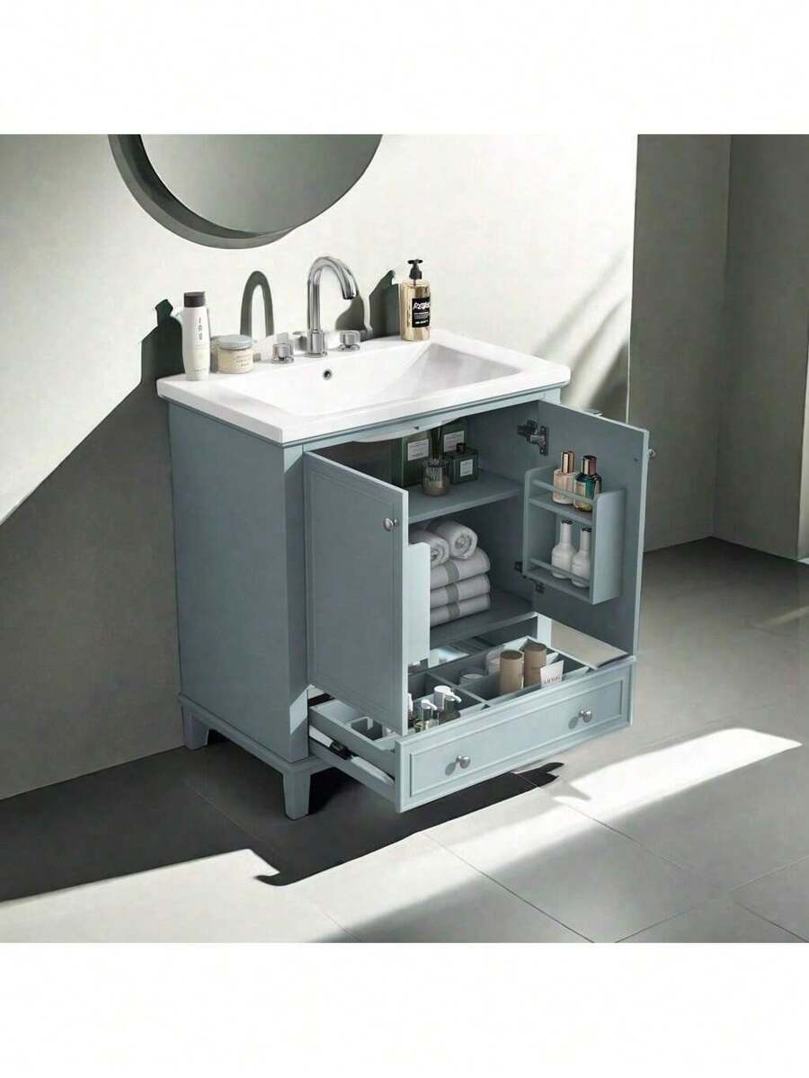 30" Bathroom Vanity ,With Sink Combo, Multi-Functional Bathroom Cabinet ,With Doors And Drawer, Solid Frame And MDF Board,Smooth Ceramic Sink,Multi-Functional Cabinet And Drawer,With Adjustable Shelf,Green.,Mmhorton