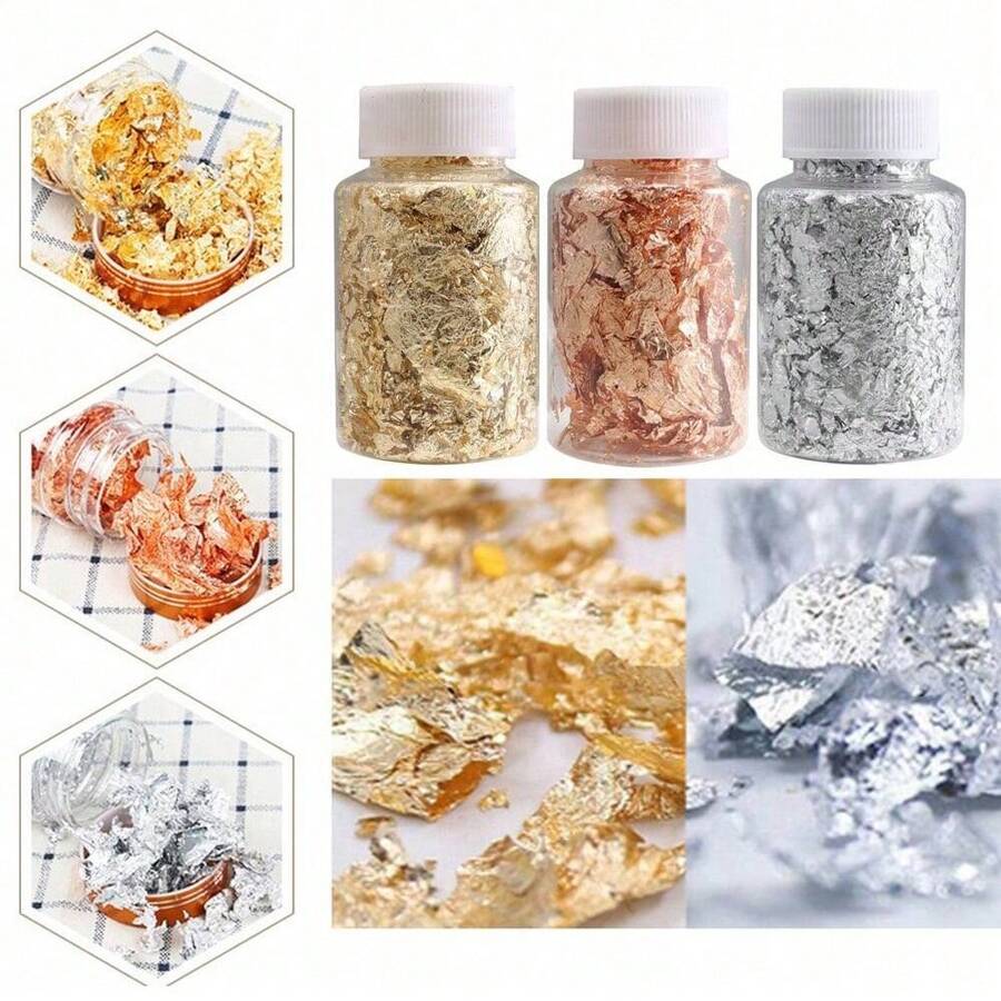1 botella 3g Láminas de oro metálico, láminas de aluminio, láminas de cobre, láminas de oro, láminas de plata, láminas de oro rosa para arte de uñas, pintura, manualidades, slime, joyería de resina