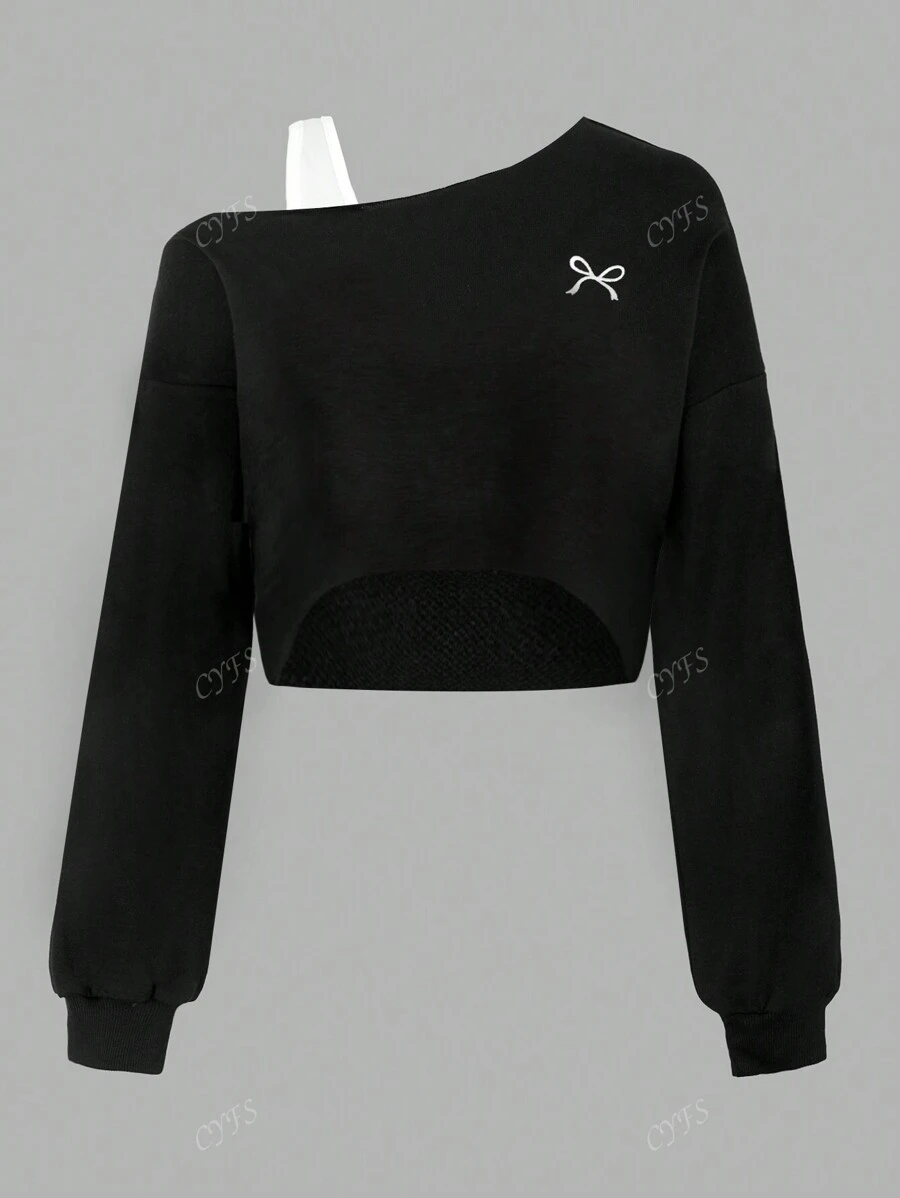 Sudadera corta informal de mujer con estampado bordado de mariposa, de manga larga, con hombros oblicuos y unicolor.