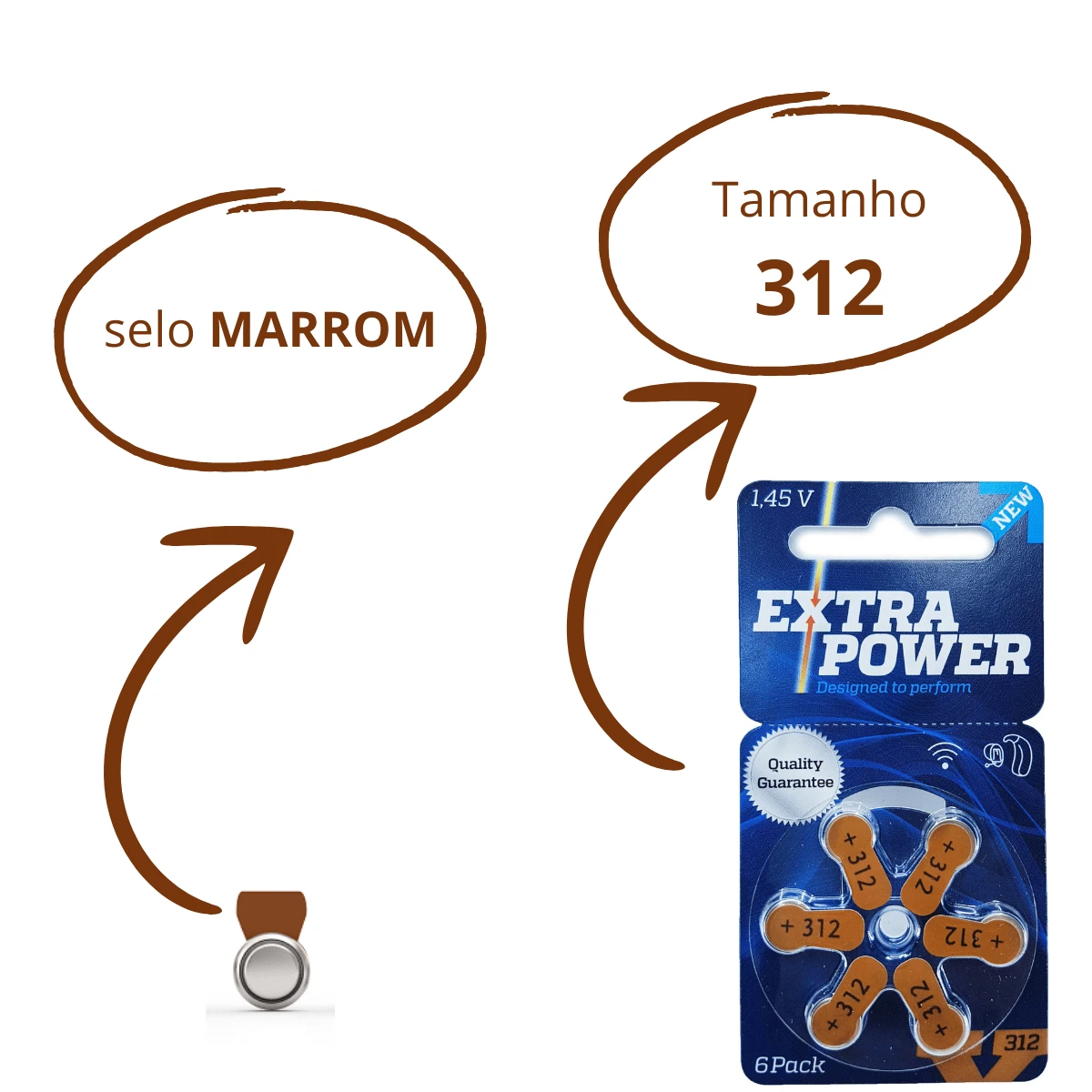 6 Pilhas EXTRA POWER para Aparelho Auditivo - tam 312 - SELO MARROM