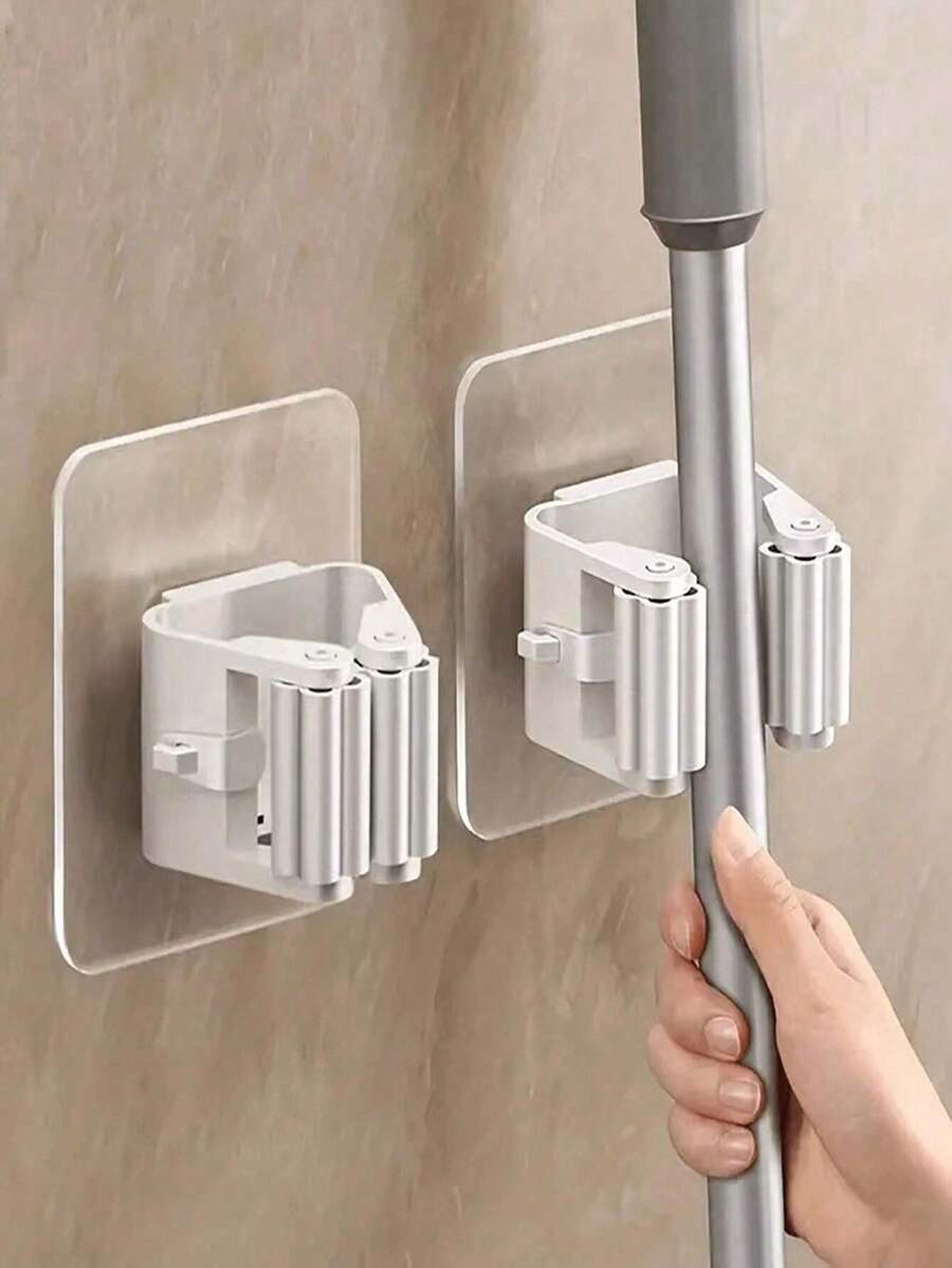 Estante organizador de pared con ganchos para trapero y escoba, ganchos adhesivos de pared para baño, clips para escoba y clips para trapeador, paquete múltiple
