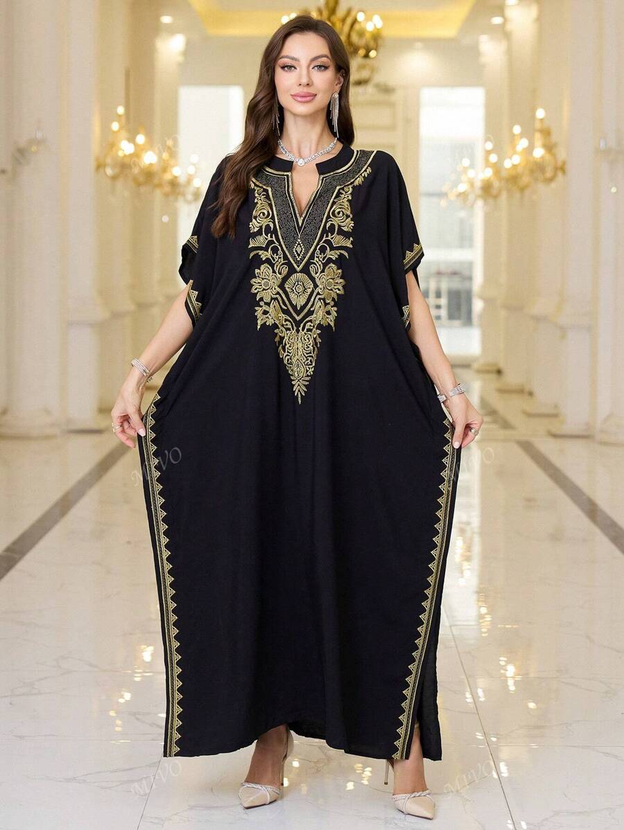 Black Embroidered Arabic Style Standing Collar Dress Thobe For Women House Dress Kaftan