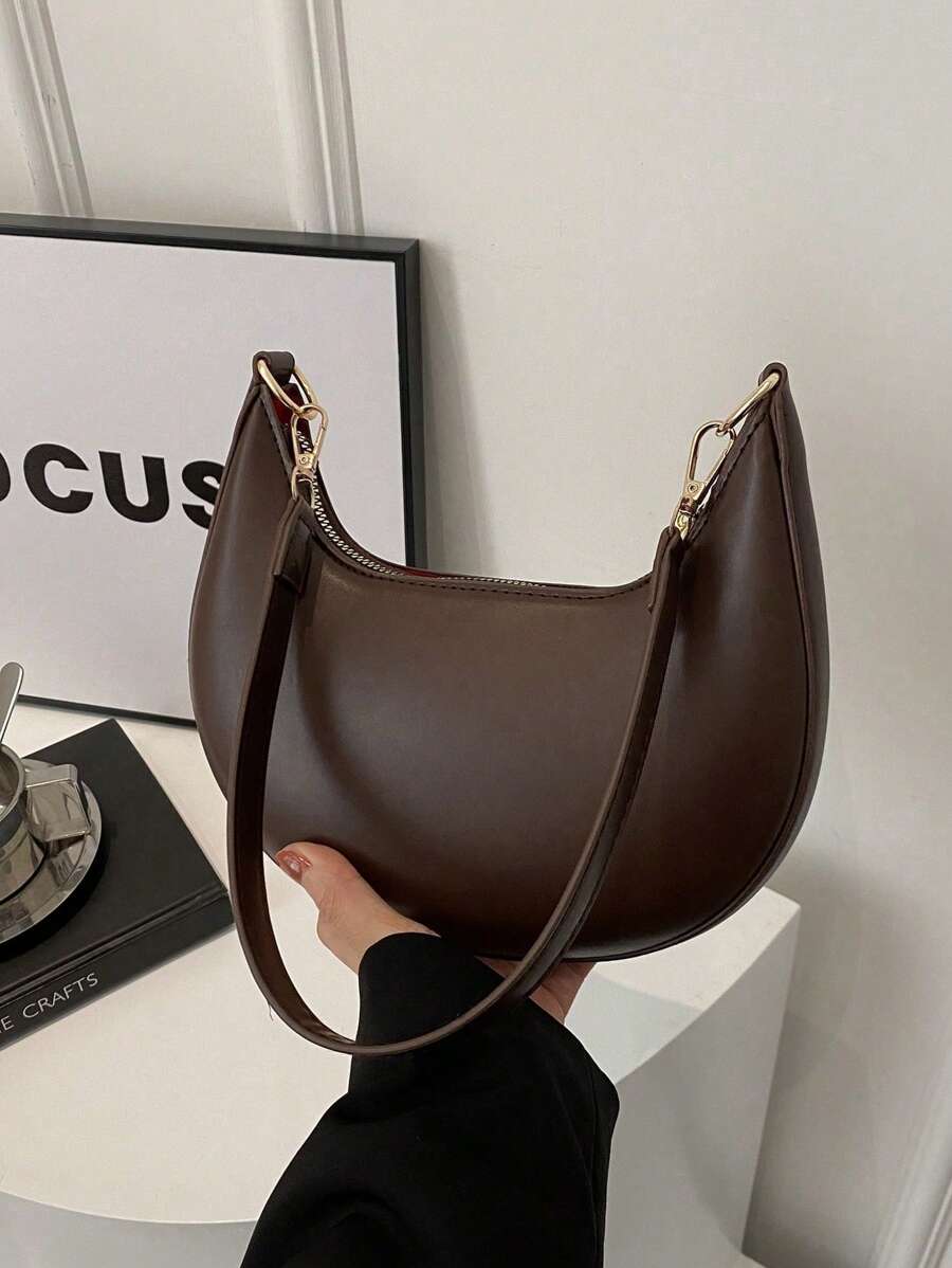 Hot Search Crescent Handtas, 1 Stuk, Massief Acryl Ketting Decoratie, PU, Draagbare, Elegante Rits Schoudertas Handtas Geschikt Voor Meisjes Om Te Reizen En Dagelijks Te Gebruiken