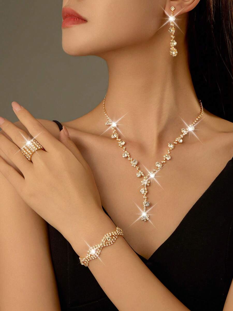 4 Stücke/Set elegantes Kristallschmuckset mit Strass - Ohrringe und Halsketten, Armbänder, Ringe - geeignet für den täglichen Gebrauch von Frauen, Hochzeiten, Partys usw.