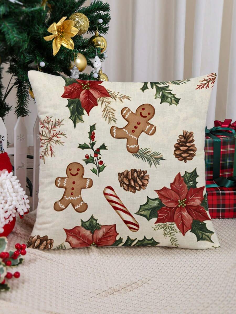 1pc Christmas Gingerbread Man, Pine Cone, And Holly Leaf Pattern Decorative Cushion Cover, Modern Fabric Velvet Print Throw Pillow Sham For Sofa/Living Room Christmas Home Decor, No Filler.