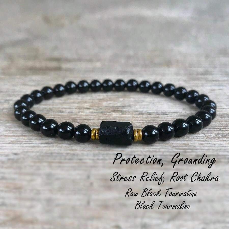 Pulseira de turmalina negra bruta, 1 peça, proteção poderosa, aterramento, equilíbrio emocional, pulseira feminina de contas de 6 mm