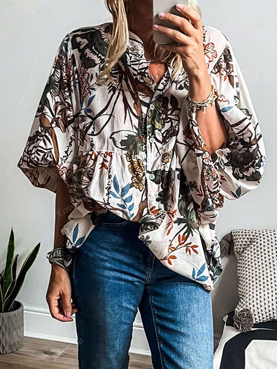 Blouse femme blanche à manches chauve-souris avec imprimé nature
