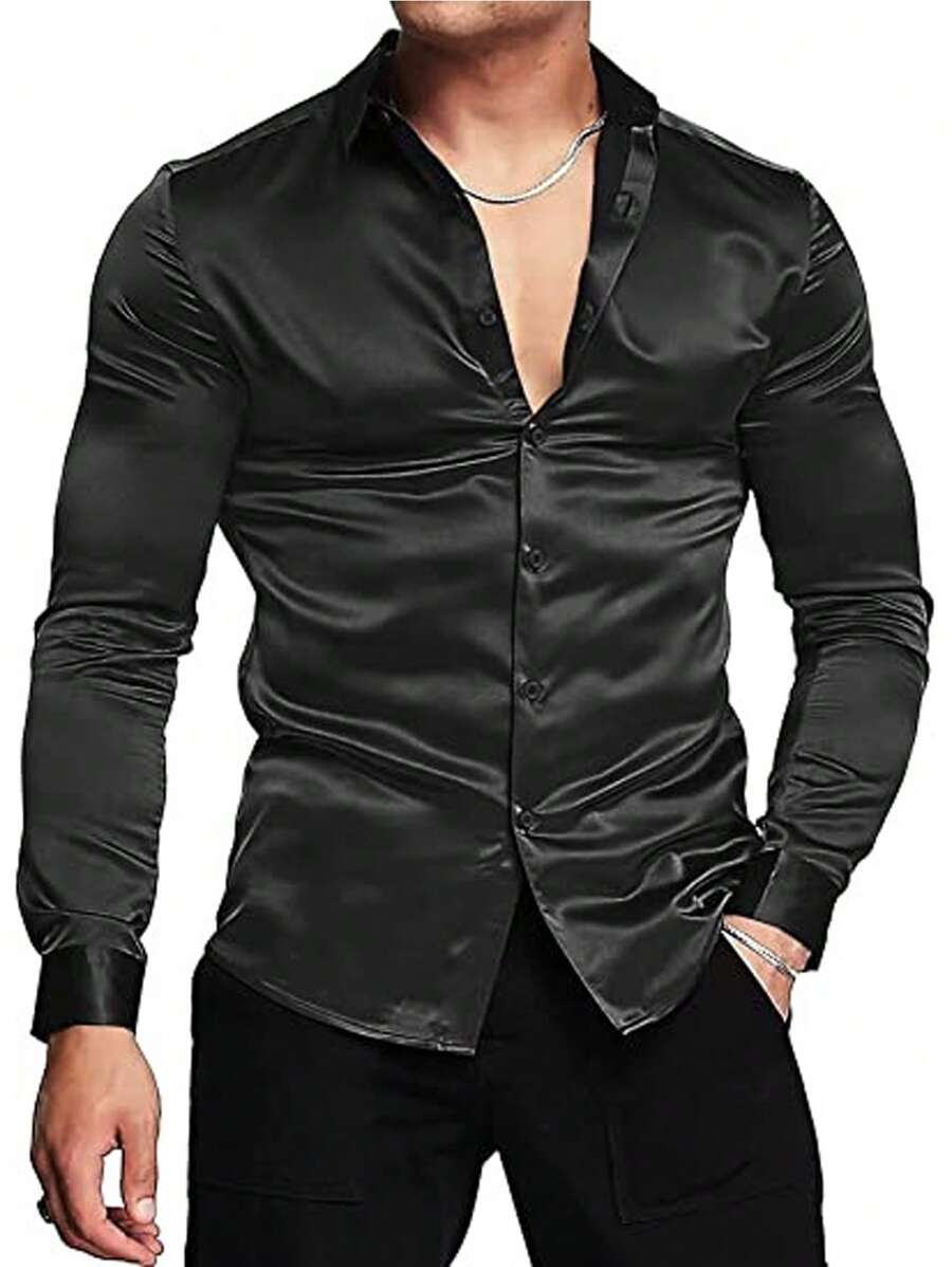 Men's Luxury Bright Silk Ball Dress Shirt Long Sleeve Casual Slim Muscle Button Down Shirt
