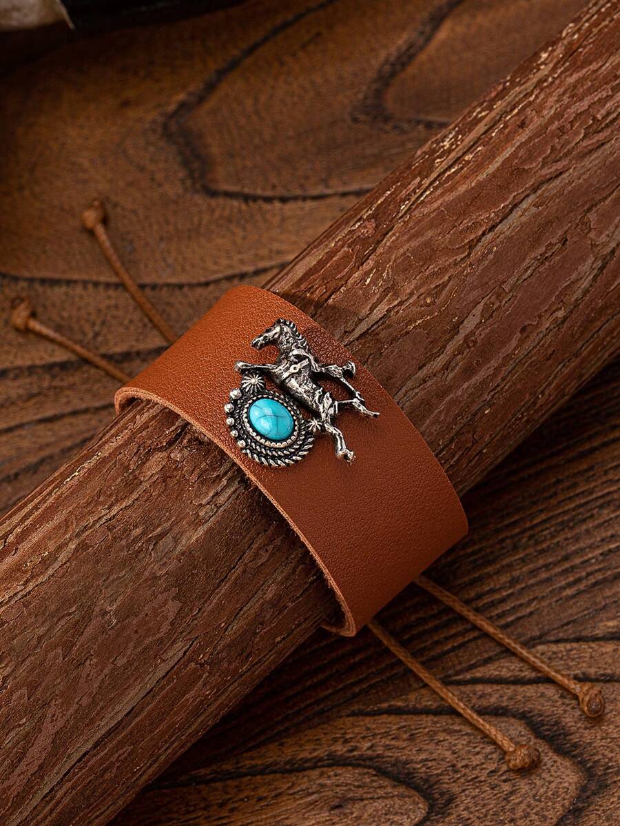 1 Pc Western Concho Cowboy Horse Design Cuff Bangle Bracelet , PU Leather Cowgirl Wrist Cuff