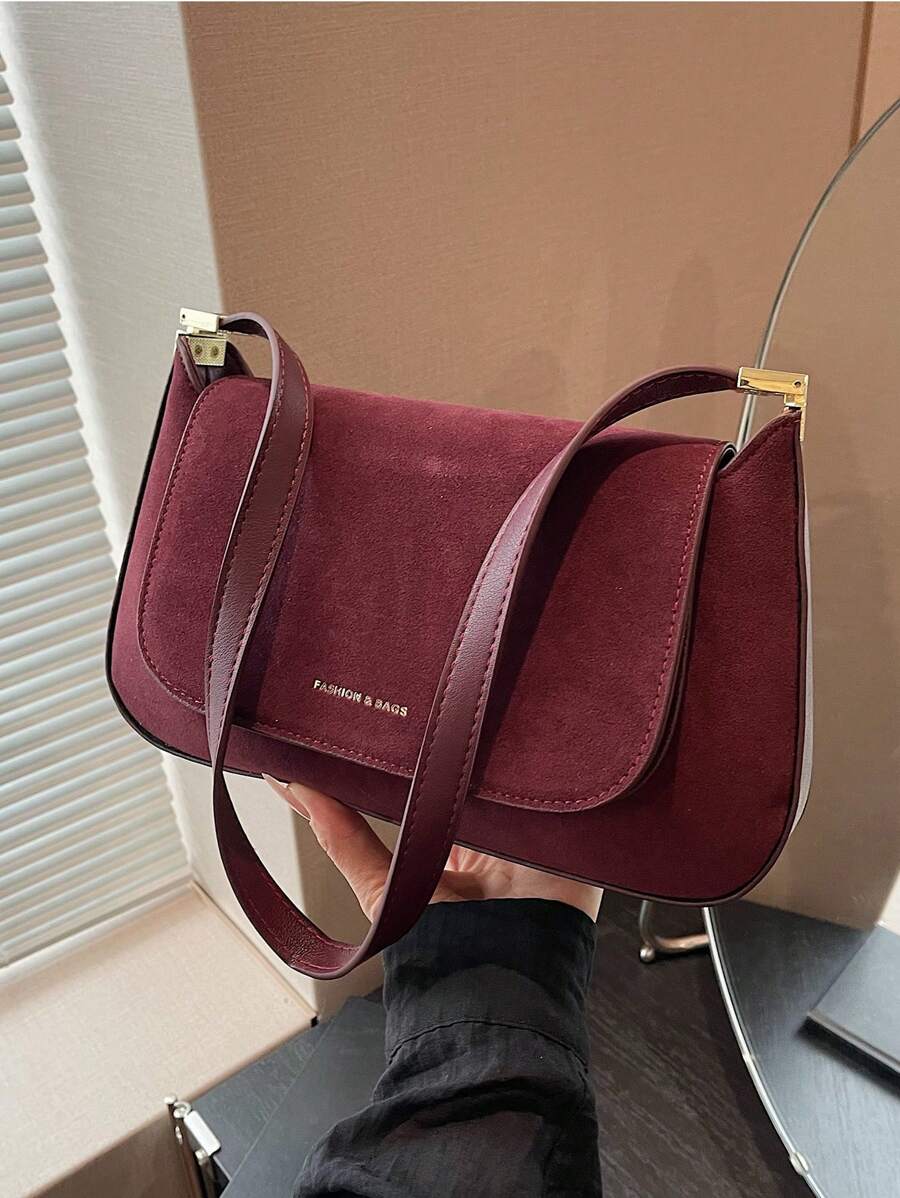 2025 Nova Bolsa Transversal Minimalista Vinho sob o Braço em Textura de Camurça Sólida para Mulheres