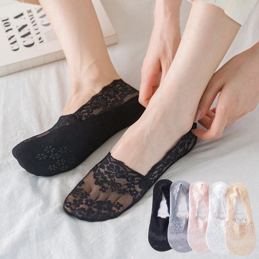 1 paire de chaussettes bateau en dentelle de fleurs de cerisier fines anti-dérapantes à col bénitier absorbant la transpiration pour femmes, pour le printemps/l'été