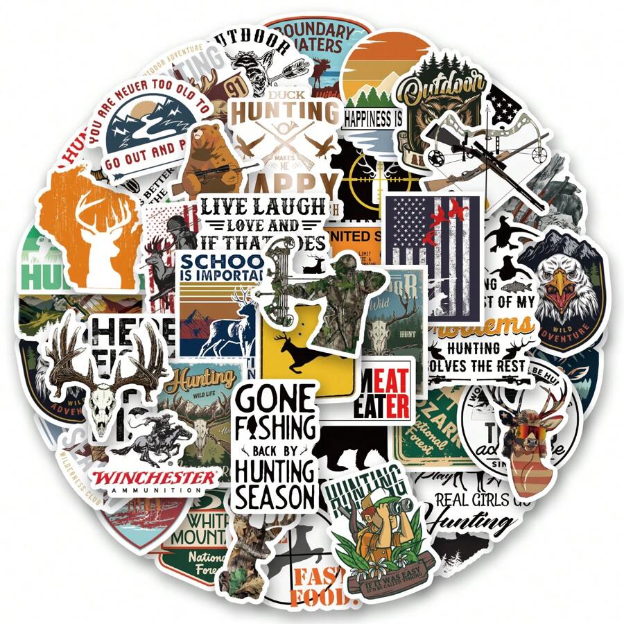 50PCS Hunting Stickers Vinyl Aesthetics Stickers For Scrapbooking, Diary, Laptop, Bumper, Skateboard, Water Bottle, Computer, Phone, Cartoon, Hard Hat, Car Stickers And Decals,Hiking Stickers,Decal Stickers,Sticker Bulk