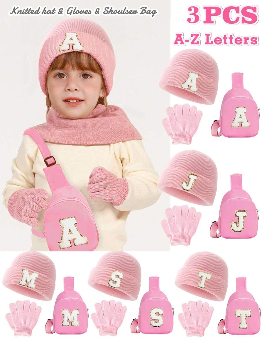 Set de 3 piezas para bebés y niños: Gorro con estampado de 26 letras, guantes y bolsa tipo monedero. Conjunto de ropa de invierno para niñas, apto para uso diario de niñas pequeñas en otoño e invierno. Accesorio de moda con monedero.
