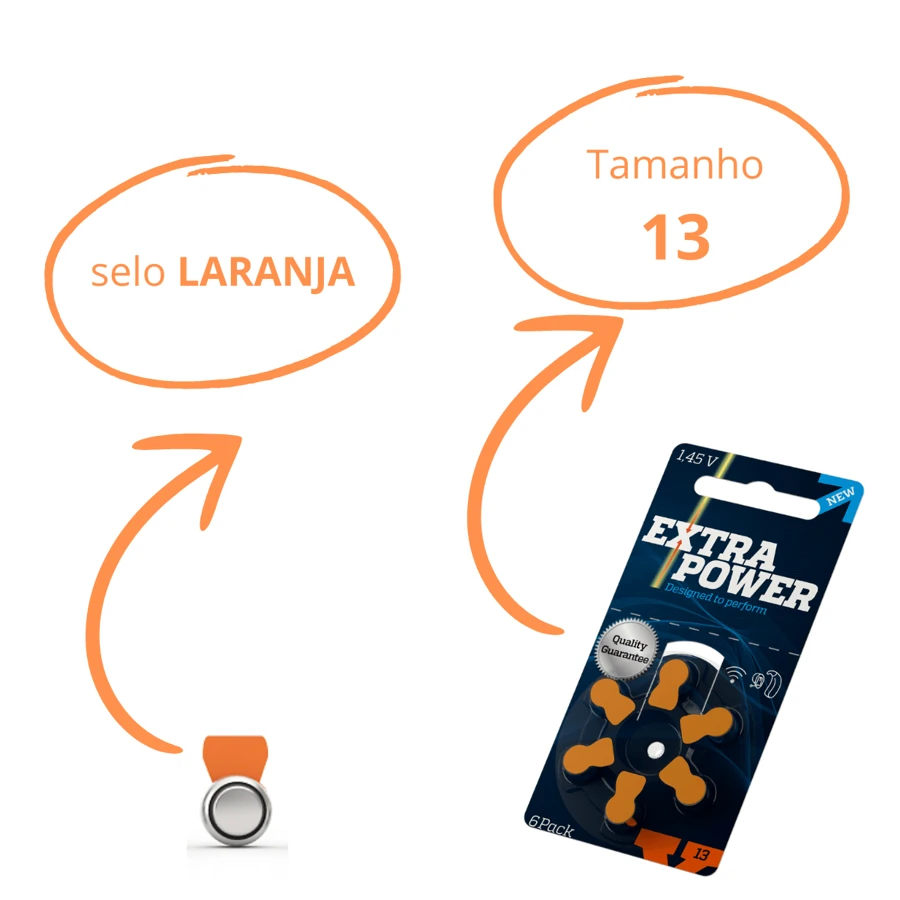 6 Pilhas EXTRA POWER para Aparelho Auditivo - tam 13 - SELO LARANJA