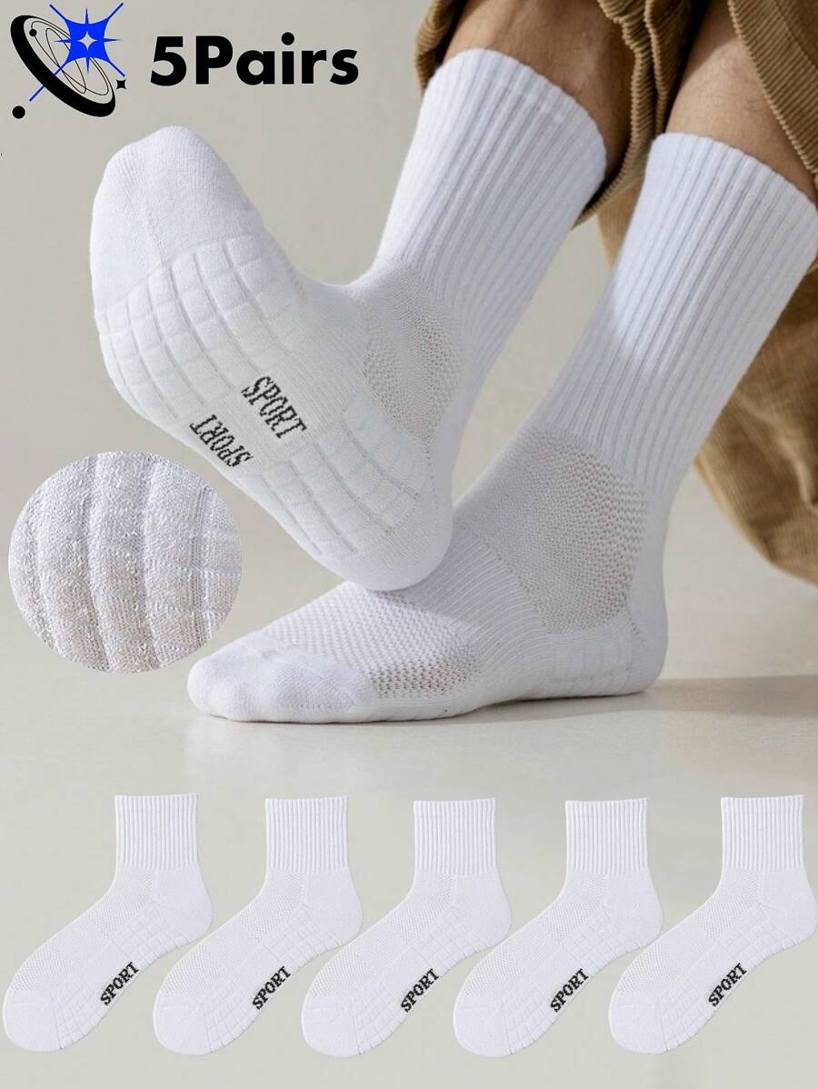 5 Pairs Men's Mid-Calf Socks, Cushioned Sole, Odor Resistant, Breathable For Daily Wear