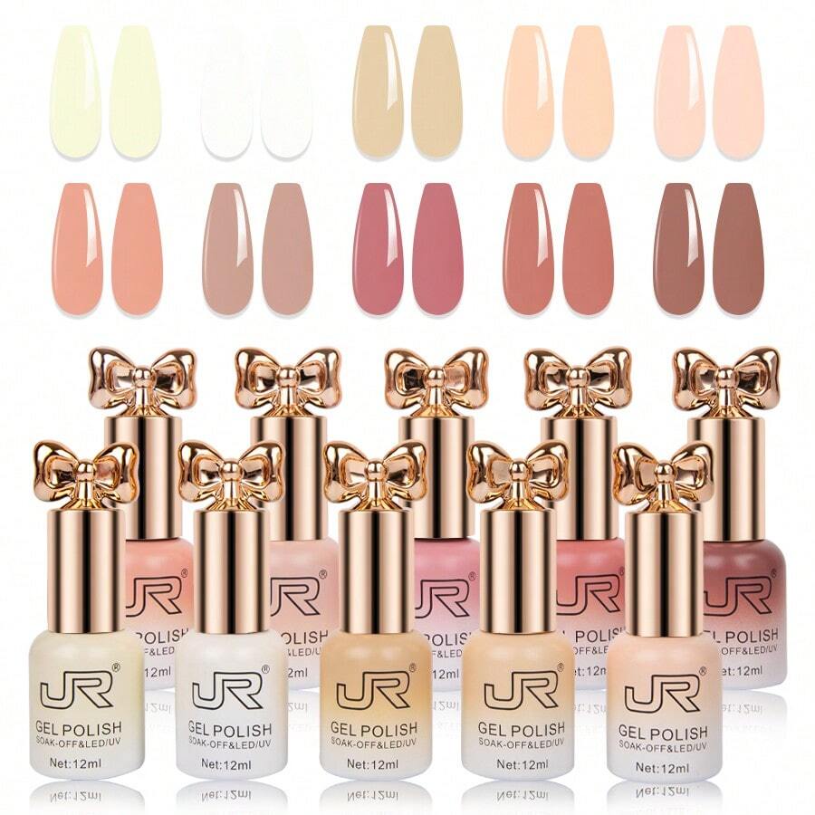 JR JR 10pcs 12ml Gel Nail Polish Set Including Red Pink Nude Gel Polish Kit UV LED Soak Off Polish Home DIY Top Coat Base Coat Gifts For Girl