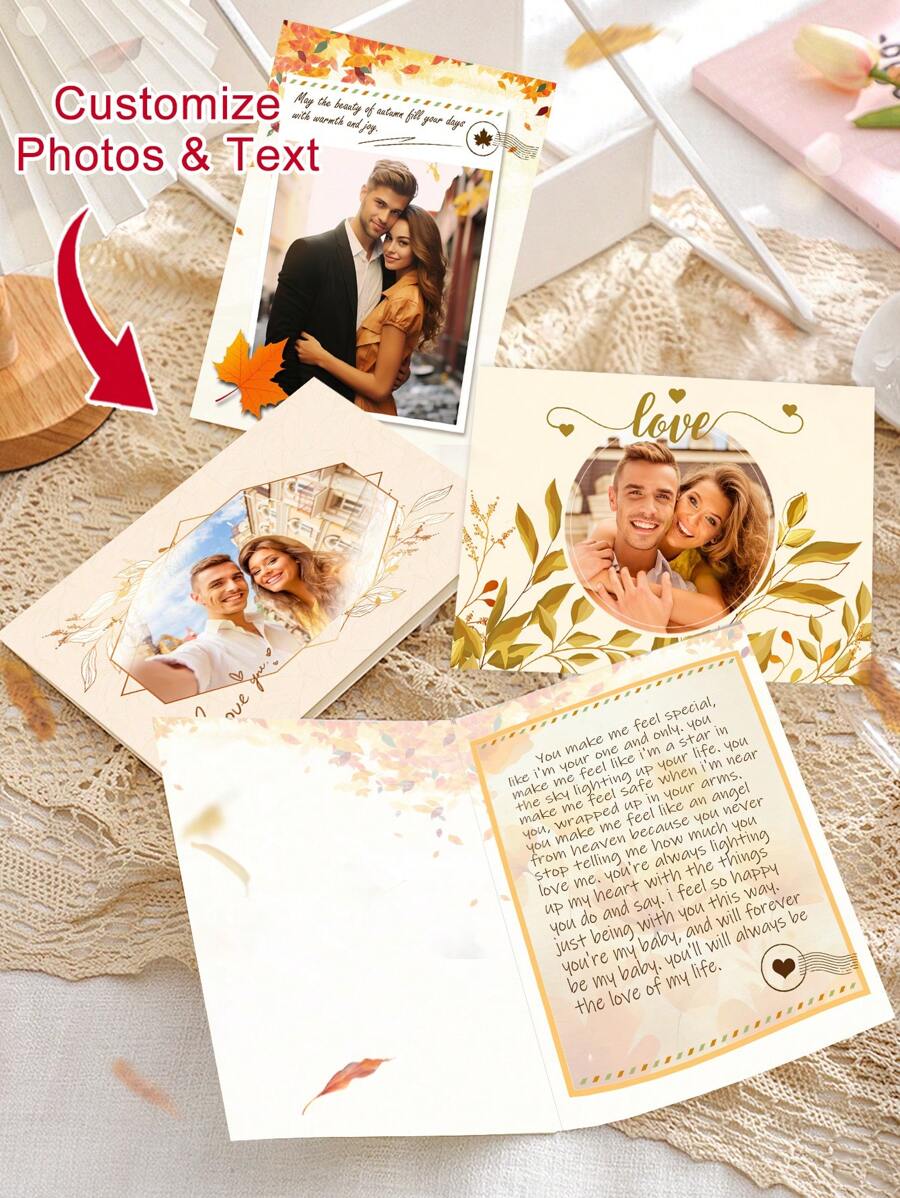 1pc Custom Photo & Text Autumn Greeting Card, Both Inside And Outside Pages Can Be Customized. The Perfect Valentine's Gift For Your Girlfriend Or Boyfriend.Birthday Card, Thank You Notes In The Fall, Celebrate The Harvest For The Autumn Festival Gathering Baby Shower Family Decorations Gifts Winter Eve Gifts Back To School Winter Gift Ideas Boy Girl Valentine's Day