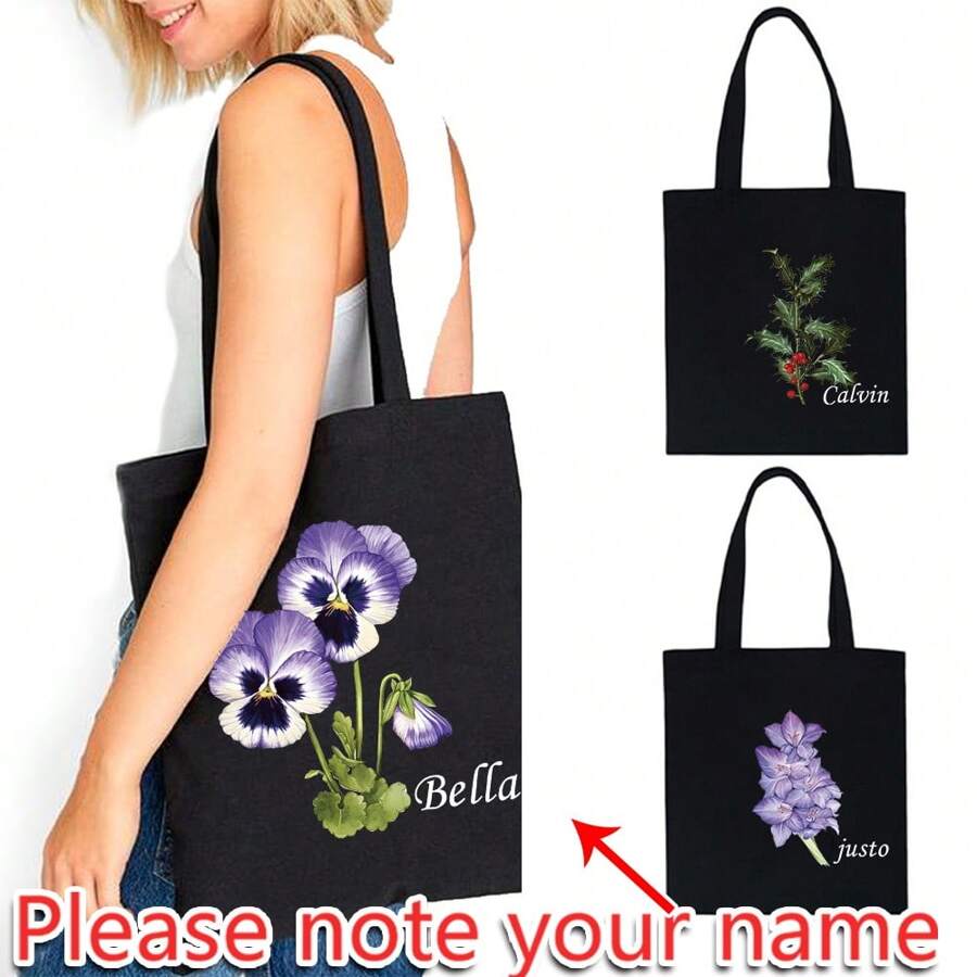 Bolsa de compras personalizada, bolsa de lona a medida con nombre personalizado, bolsa de tote con patrón de flor de 12 meses para mujer, bolsa reutilizable para comestibles, bolsa de almacenamiento, bolsa de viaje con asa de hombro personalizada, bolsa de tote de estudiante de gran capacidad en lona