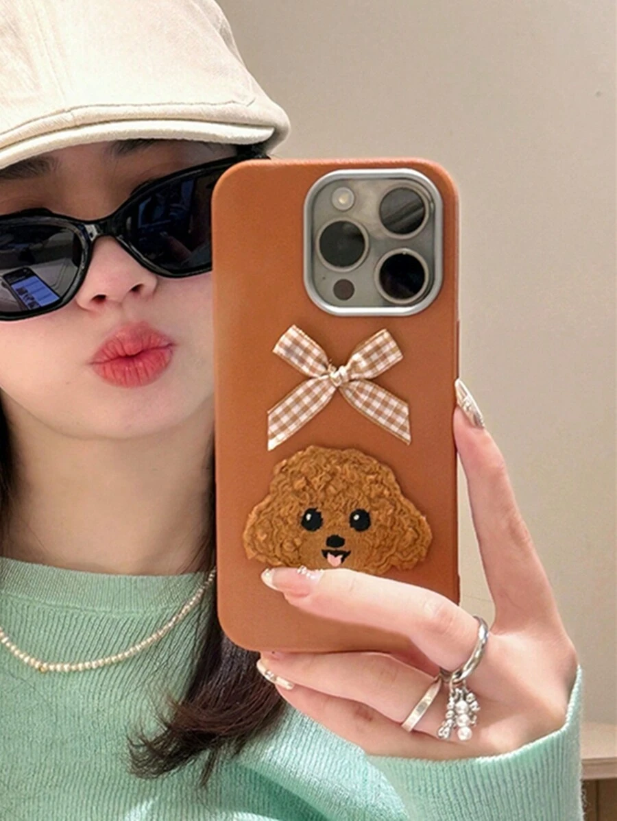 Animal Cartoon Cute Teddy Dog Bowknot Phone Case Compatible With IPhone 16 15 14 13 12 Pro Max Plus 11 Litchi Texture Shockproof Soft Back Cover Girl Cases Friend Gift