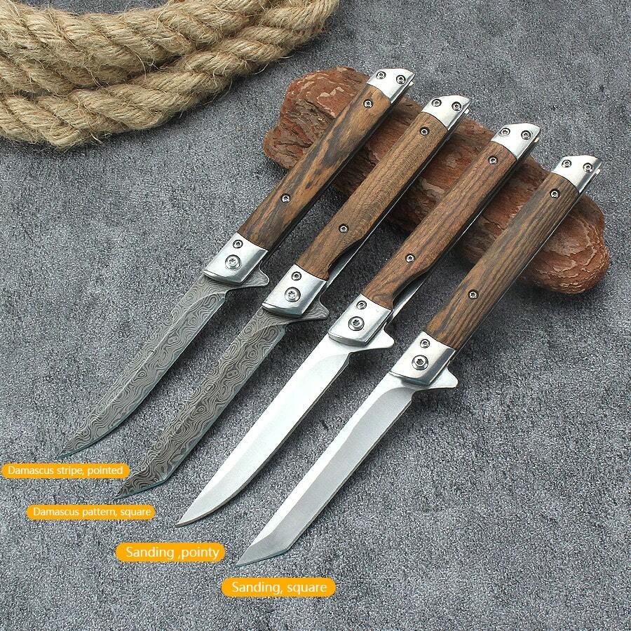 Multi-Function Outdoor Camping Quick Open Small Knife, Stainless Steel, High Hardness Damascus Pattern Folding Knife With Wooden Handle, Fruit Knife Knives