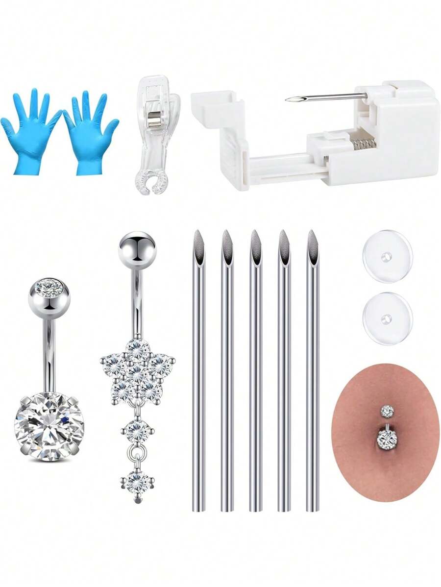 AVYRING 13 Stücke Bauchnabelpiercing-Set, Lange Bauchnabelpiercing-Pistolen-Nadeln-Set aus rostfreiem Stahl, Zunge, Ohr-Piercing-Pistole, Bauch-Lippen-Körper-Piercing-Nadel-Werkzeug-Sets, Nabelpiercing für Frauen