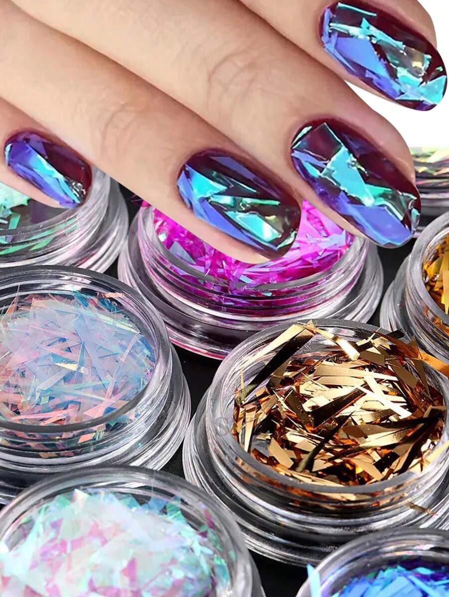 4 Boxes Glass Aurora Nail Art Glitter Flakes, Multicolor Aurora Holographic Shiny Nail Sequins, 3x3cm Round Shaped Box Nail Glitter Flakes For DIY Manicure And Craft Design Nail Charms Nail Supplies