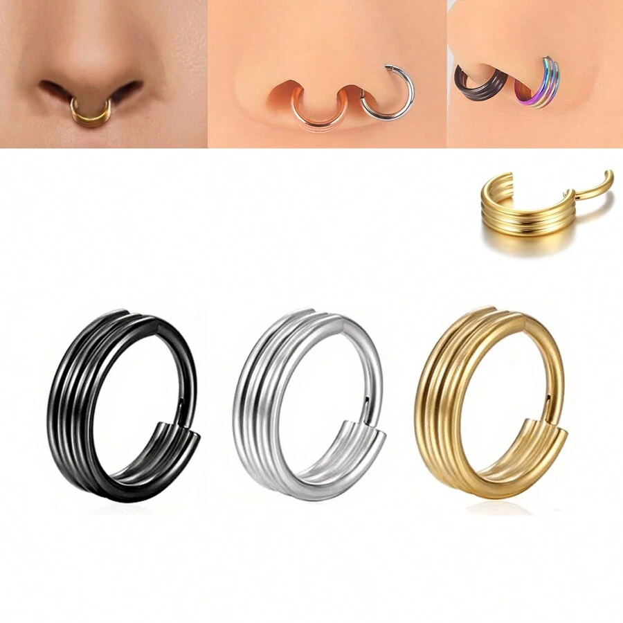 ADYJELY 1 pieza Arete de aro triple con bisagra para el septo nasal, estilo punk, de titanio G23 hipoalergénico, chapado en oro de 18K, para cartílago, aro, trago, concha, daith, hélix, perforación de lóbulo de la oreja, anillo de labio, anillo de ombligo, anillo de pezón, joyería corporal para mujeres y hombres